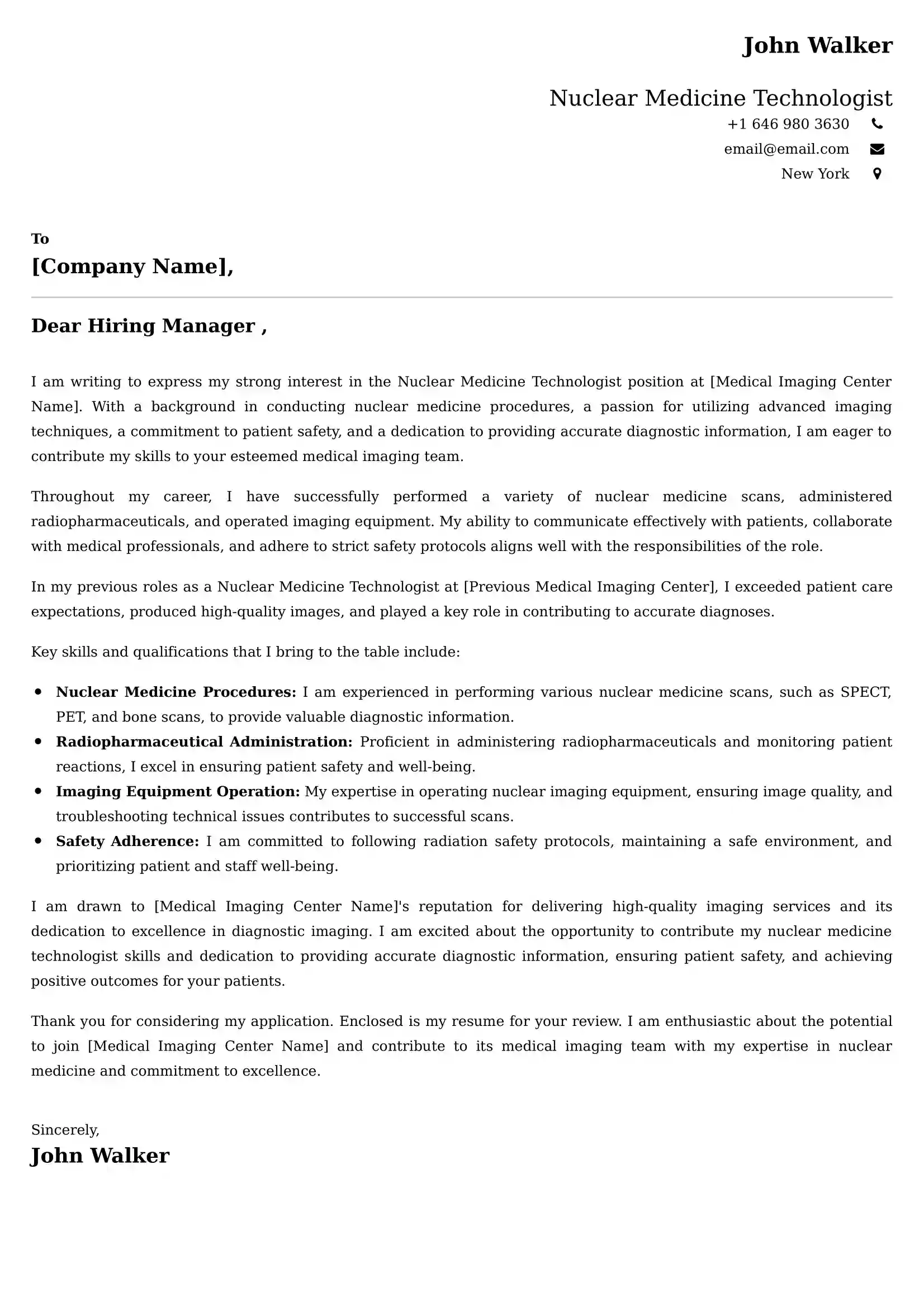 Nuclear Medicine Technologist Cover Letter Examples -Latest Brazilian Templates