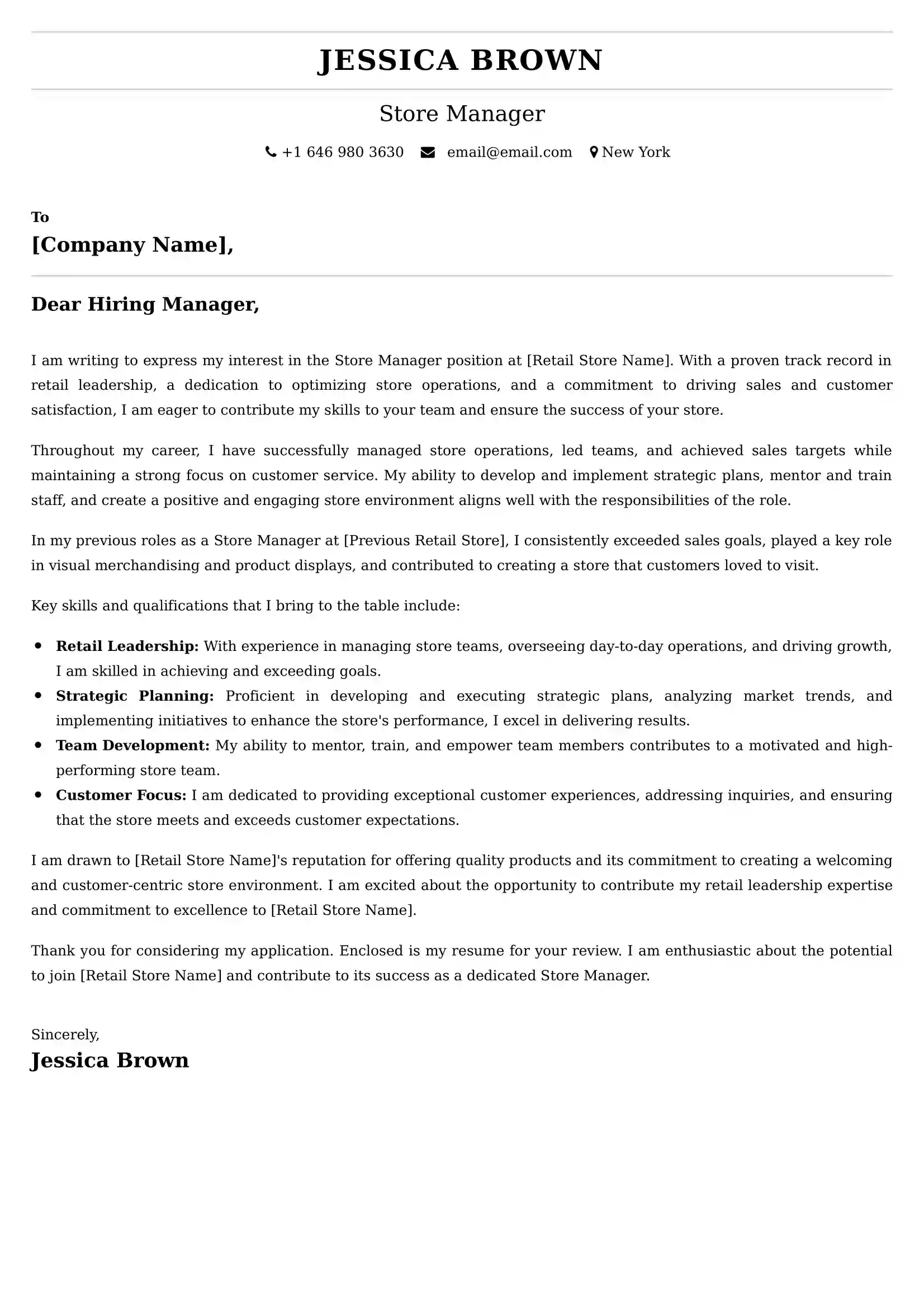Store Manager Cover Letter Examples -Latest Brazilian Templates