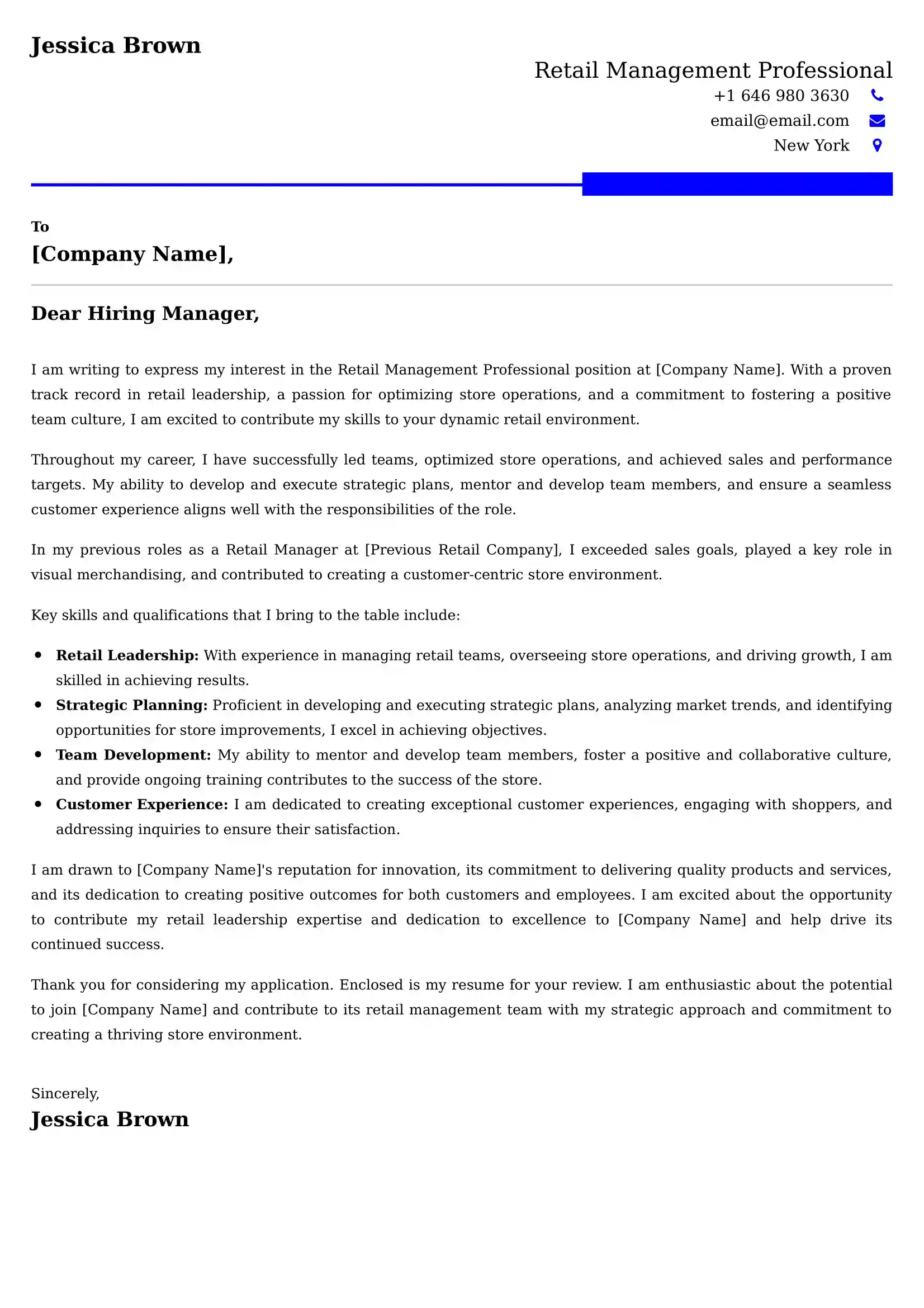 Retail Management Professional Cover Letter Examples -Latest Brazilian Templates