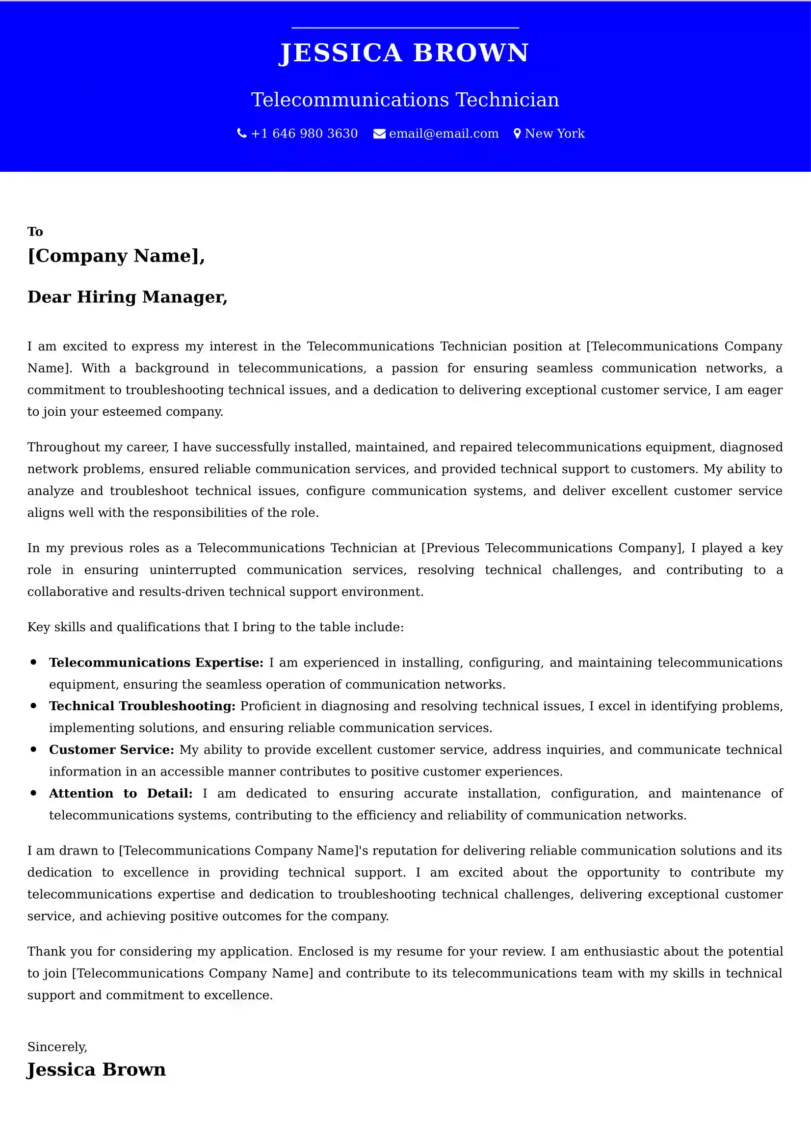 Telecommunications Technician Cover Letter Examples -Latest Brazilian Templates