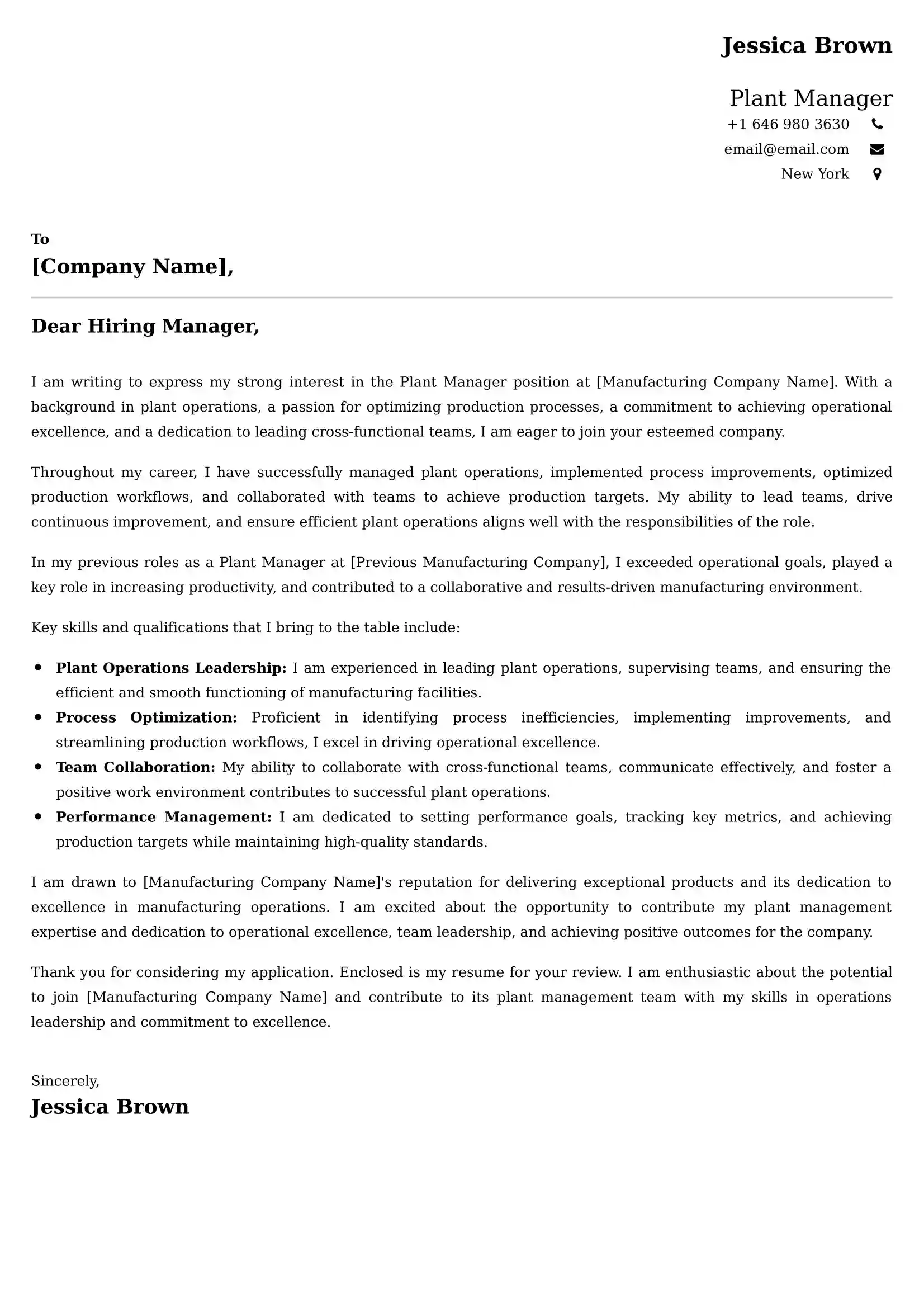 Plant Manager Cover Letter Examples -Latest Brazilian Templates