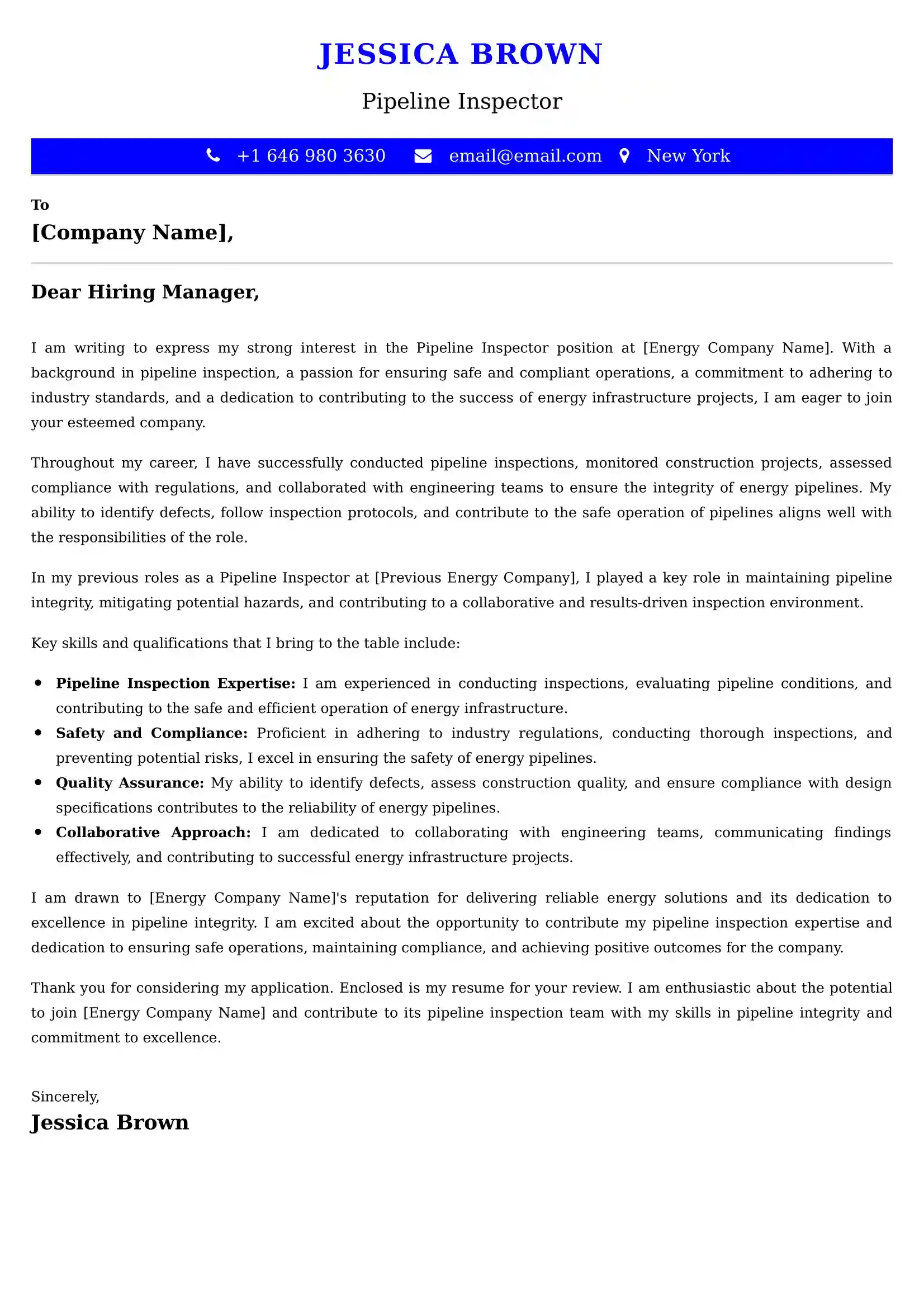 Pipeline Inspector Cover Letter Examples -Latest Brazilian Templates