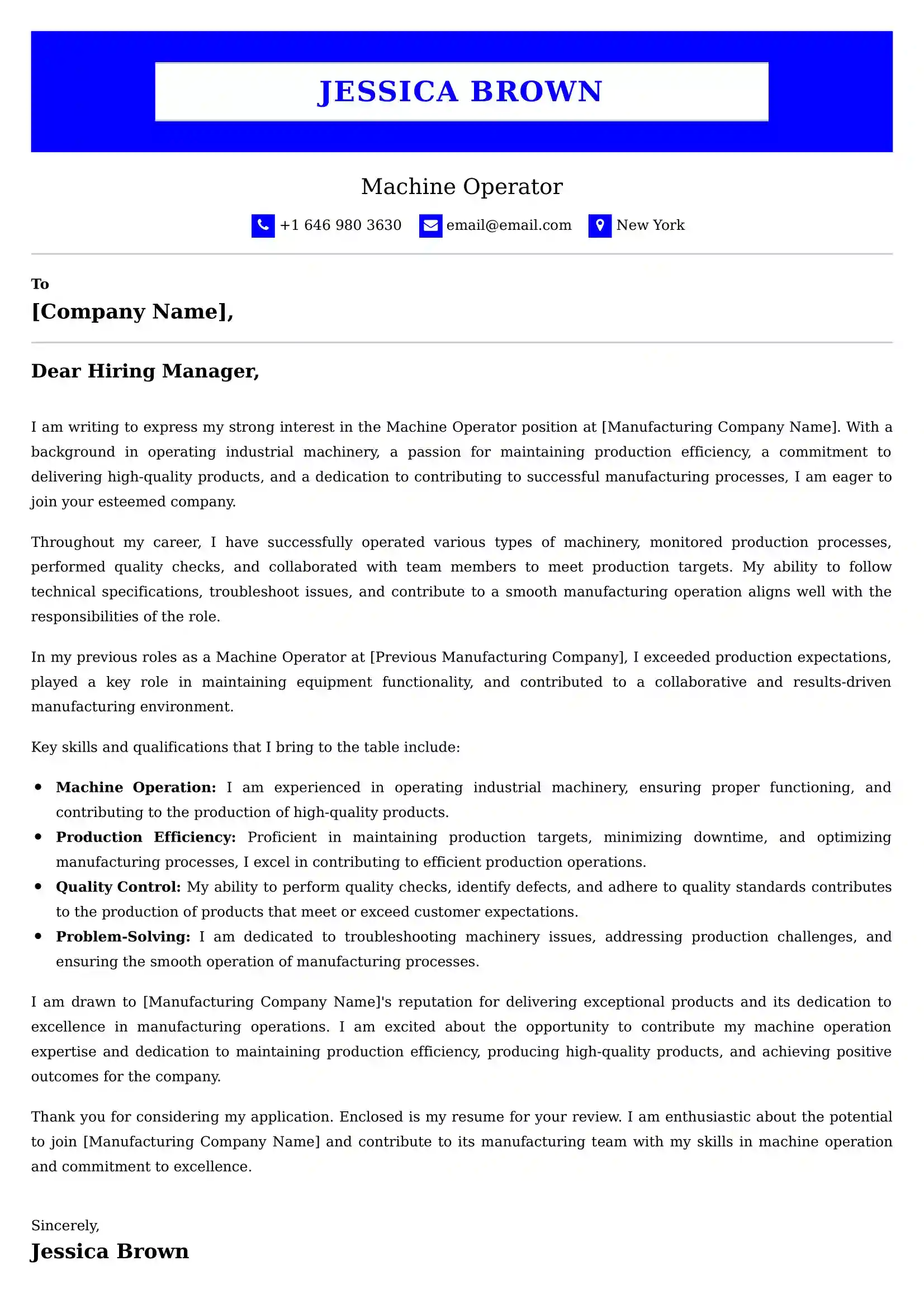 Machine Operator Cover Letter Examples -Latest Brazilian Templates