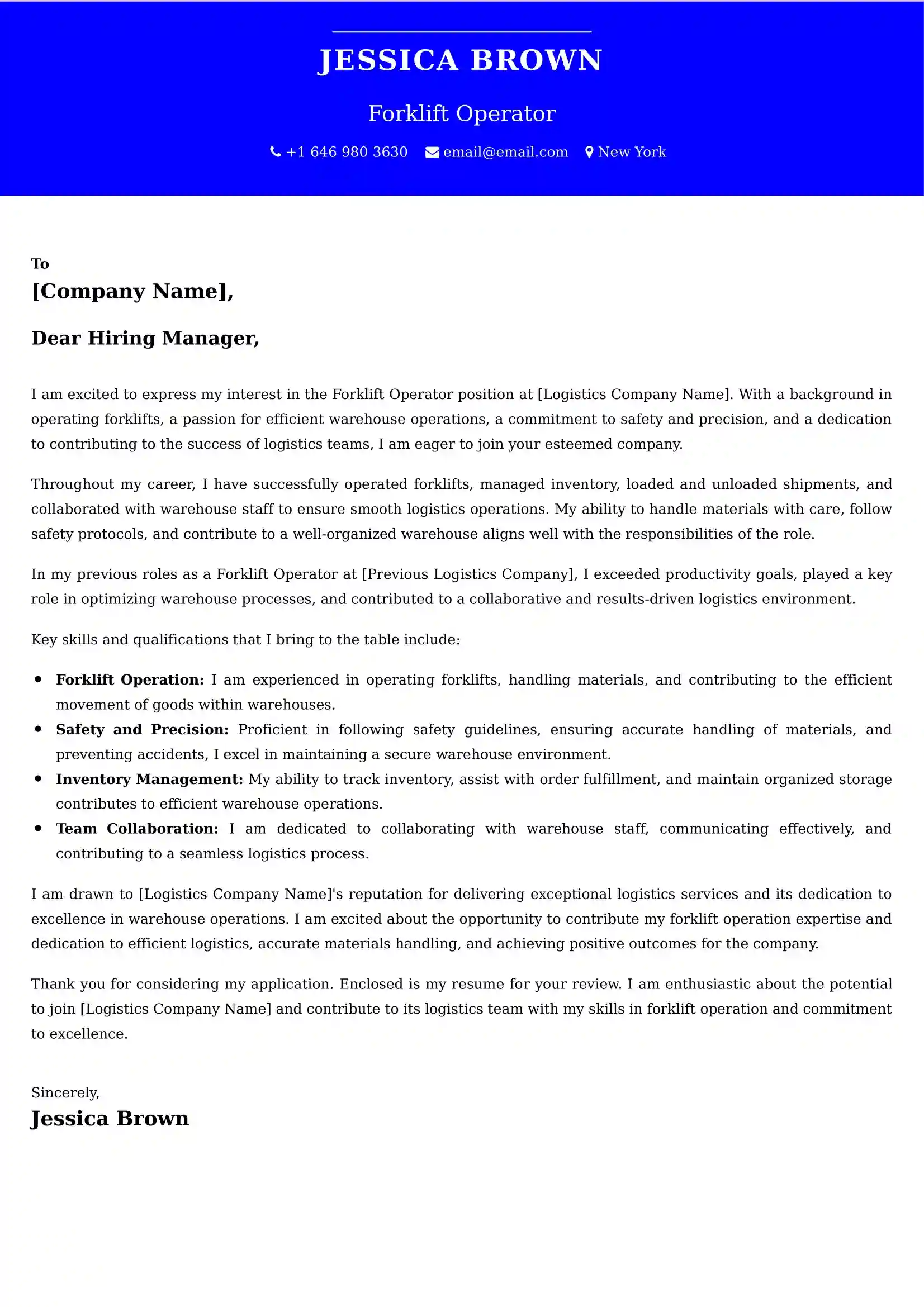 Forklift Operator Cover Letter Examples -Latest Brazilian Templates