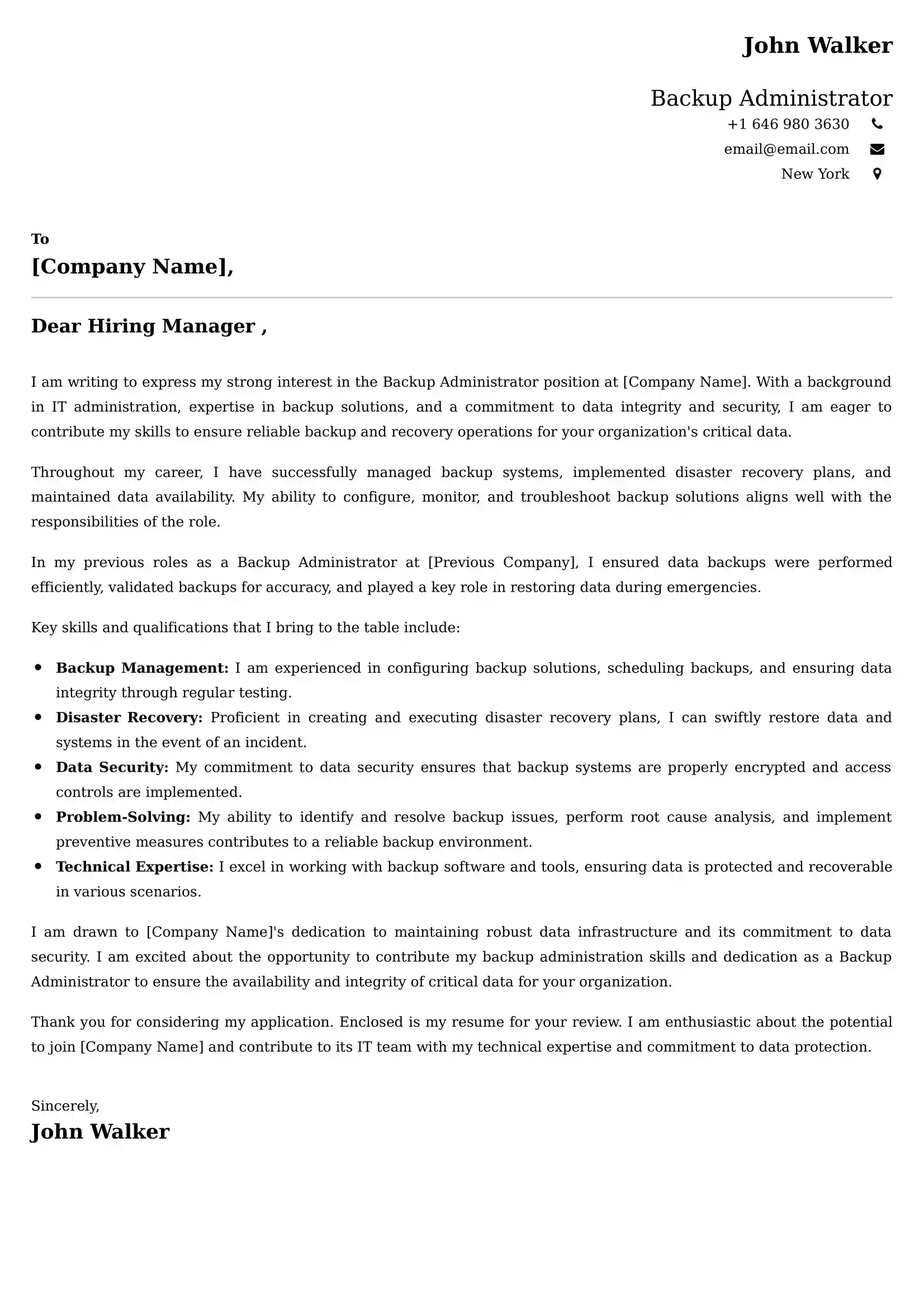 Backup Administrator Cover Letter Examples -Latest Brazilian Templates