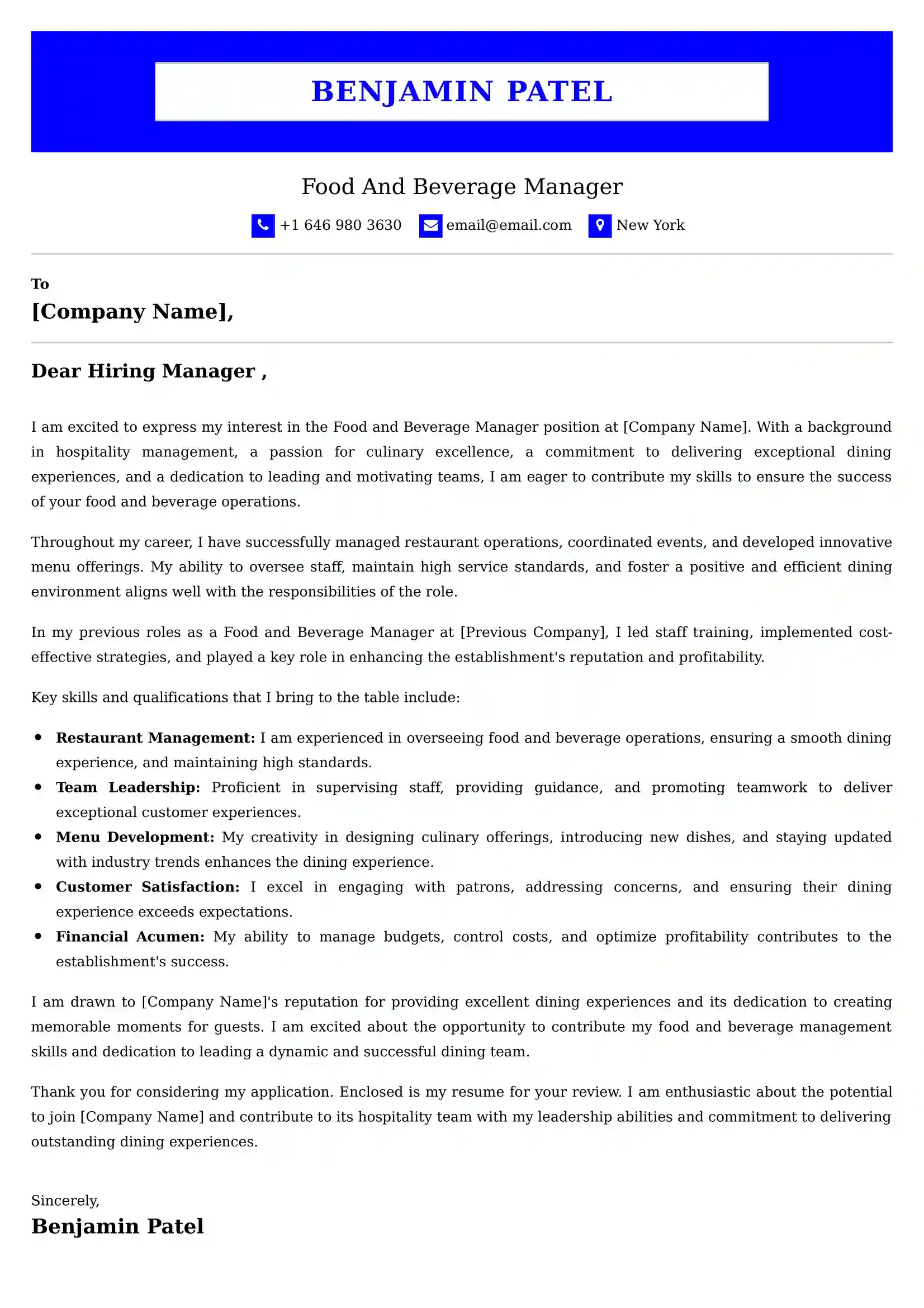 Food And Beverage Manager Cover Letter Examples -Latest Brazilian Templates