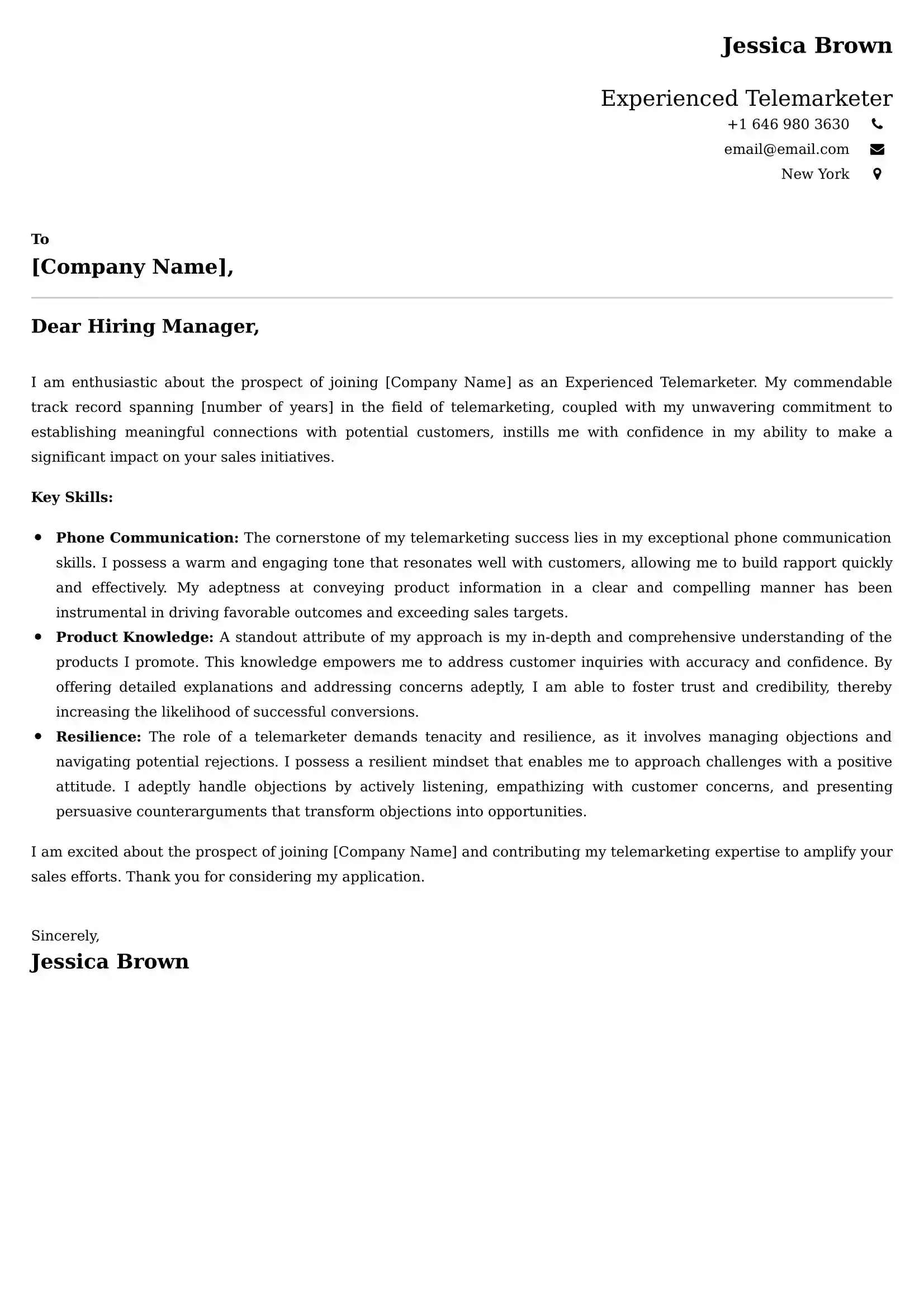 Experienced Telemarketer Cover Letter Examples -Latest Brazilian Templates